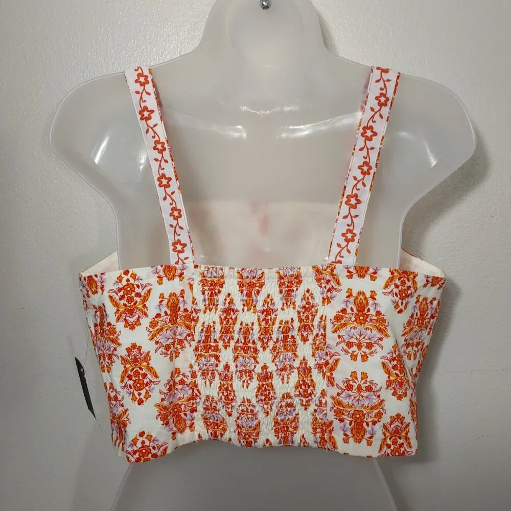 NWT Haute Hippie Sleeveless Floral Crop Top 100% Cotton Orange White - Large - Picture 5 of 9